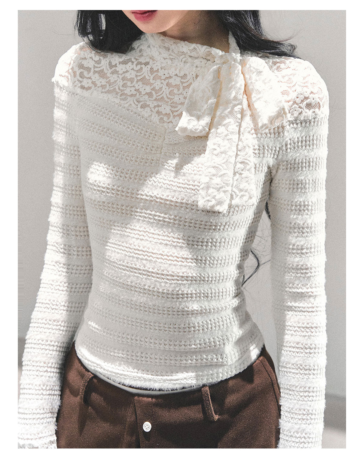 ShaoYeYan Black & White Long Sleeve Lace T-Shirt