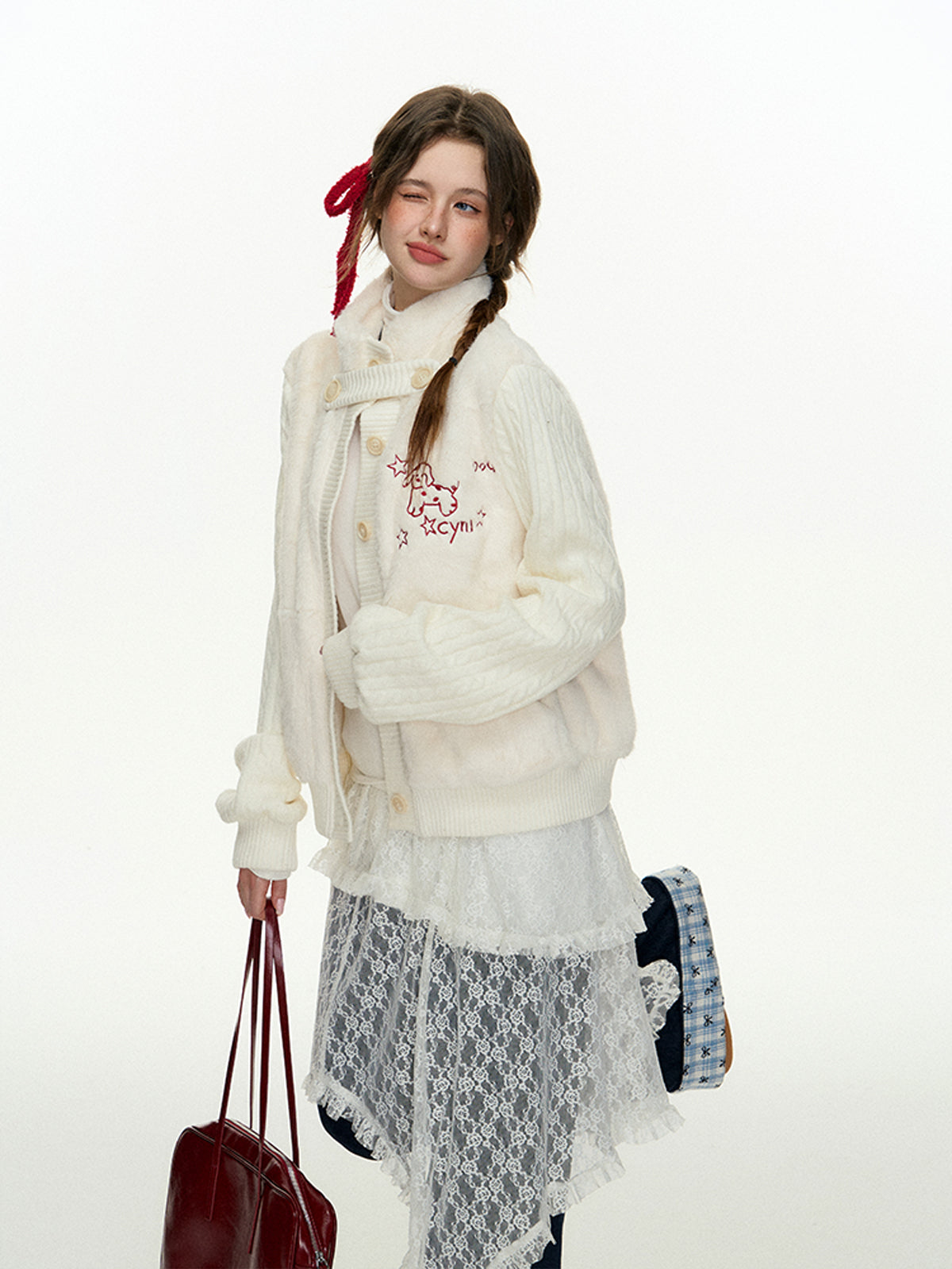 CyNi Sweet Knit Blend Rabbit Fur Coat