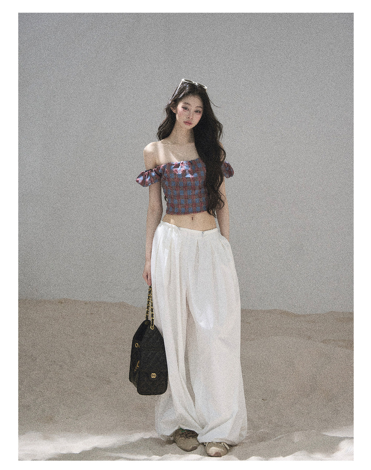 ShaoYeYan Aomalm Plaid Old Times Off-Shoulder Short Sleeve Top