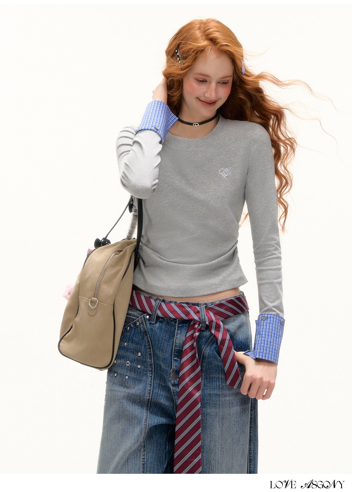 AsGony Detachable Cuff Plaid Long Sleeve T-Shirt