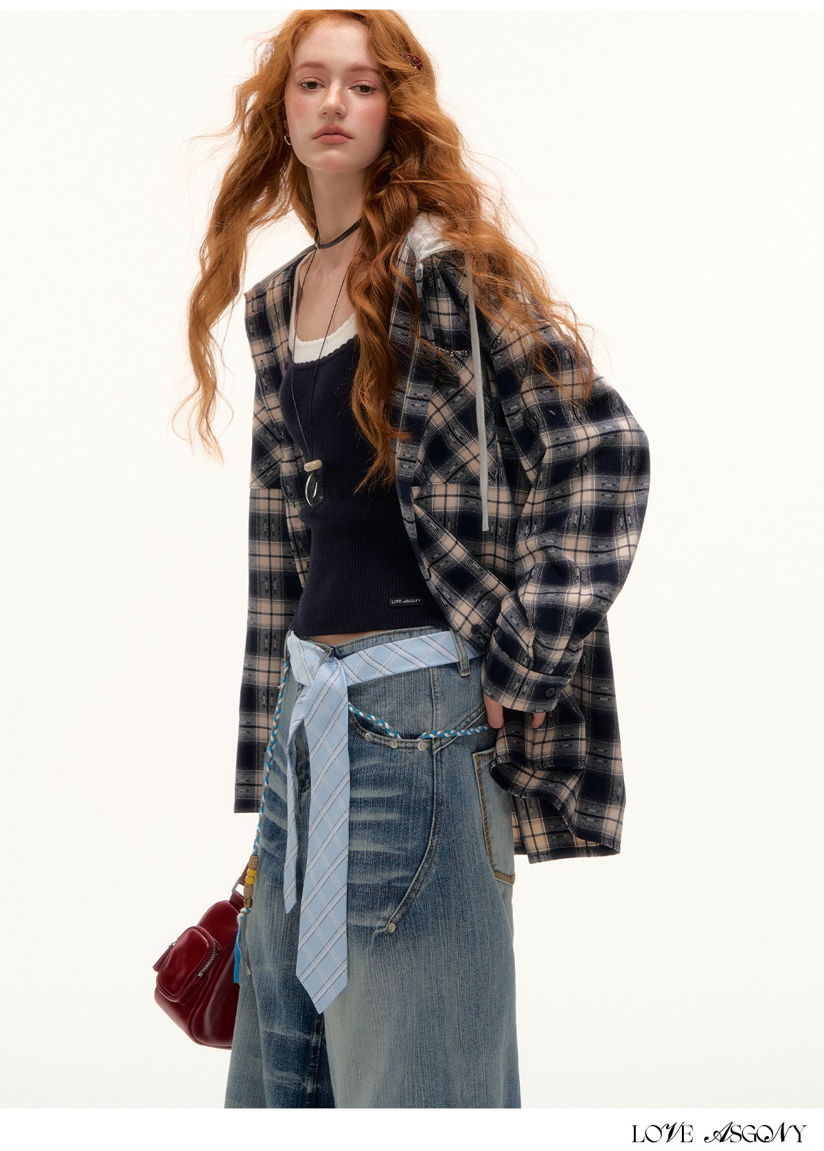 AsGony Retro Plaid Colorblock Hooded Shirt