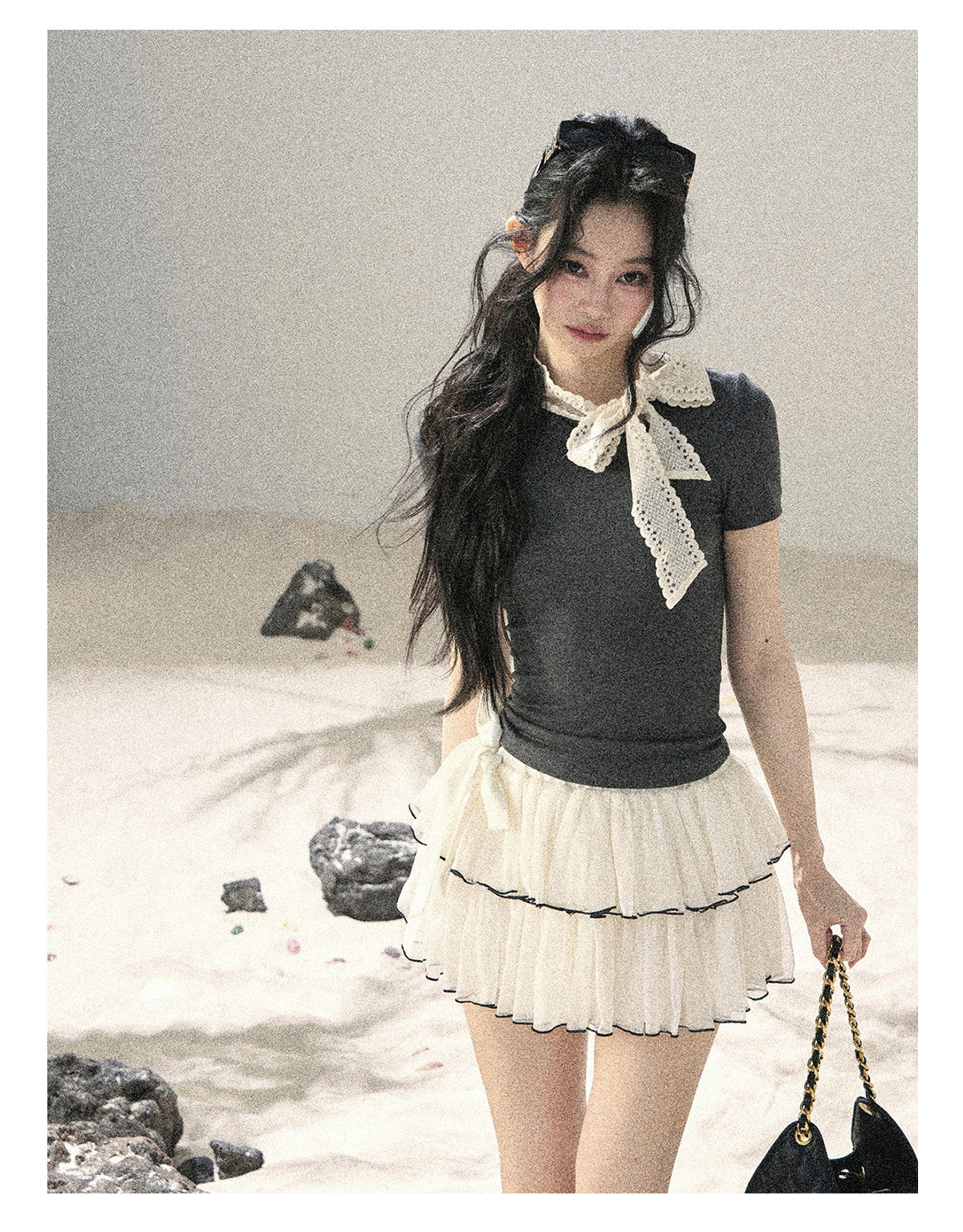ShaoYeYan Aomalm Grey Shadow & White Fluff Korean Bow Crop Top