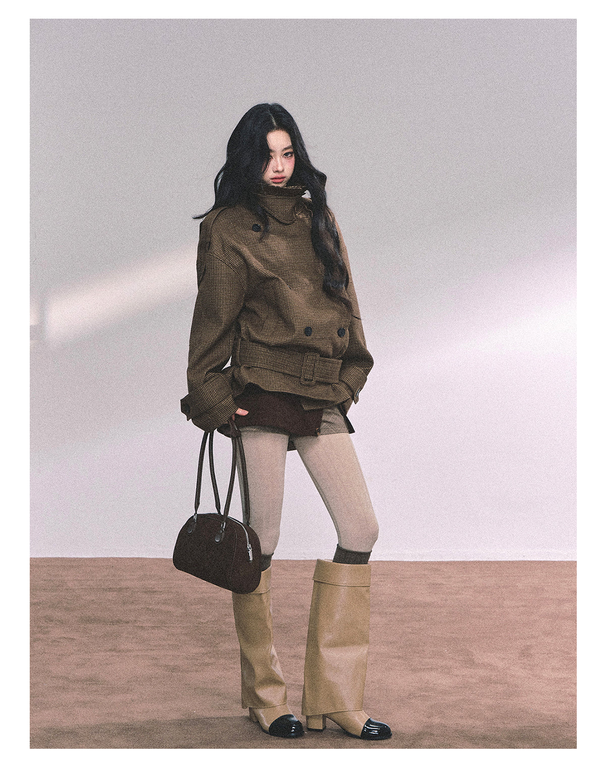 ShaoYeYan Sunset Harbor French British Style Plaid Trench Coat