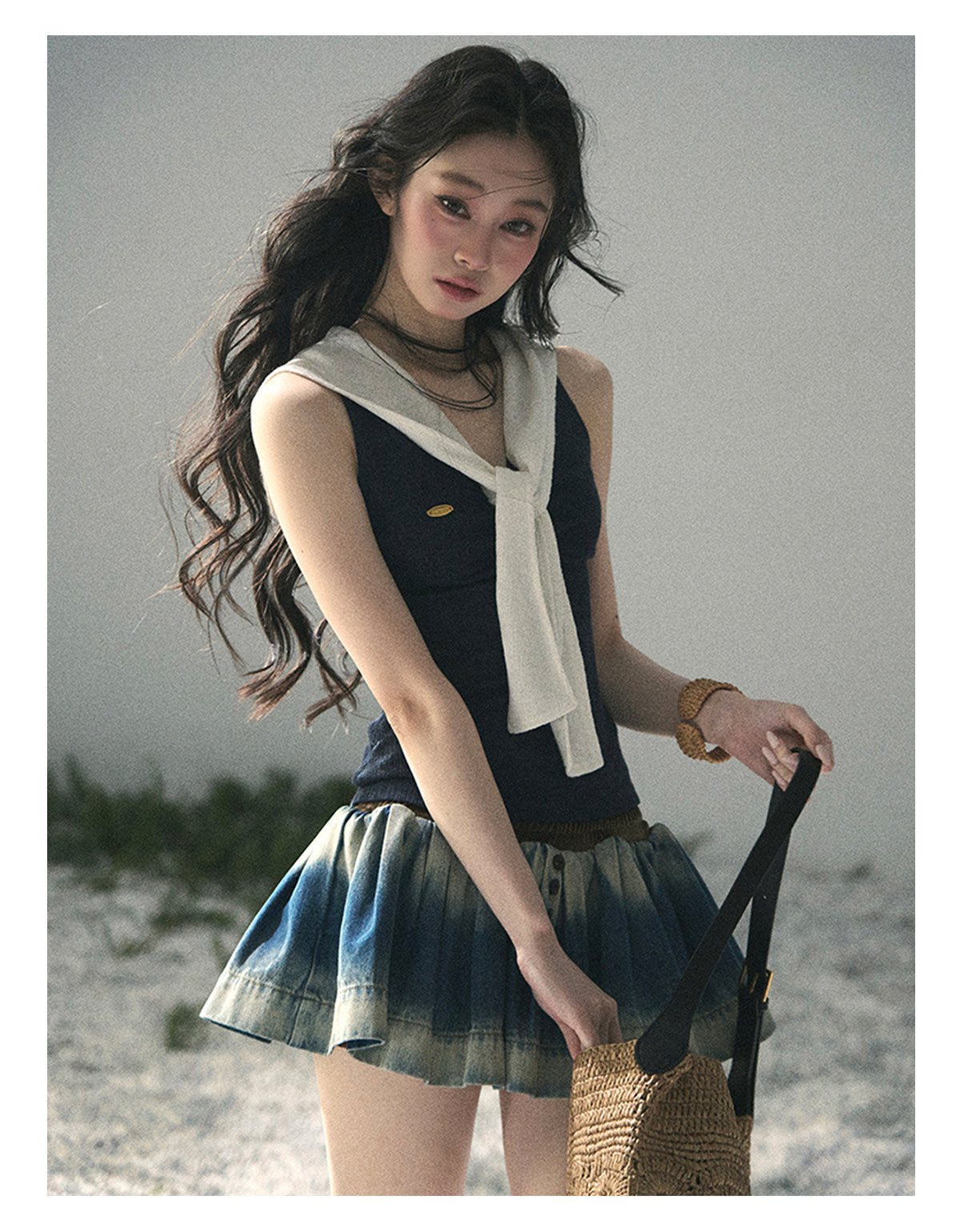 ShaoYeYan Aomalm Sea Breeze & Wheat Waves Fake Two-Layer Sailor Tee