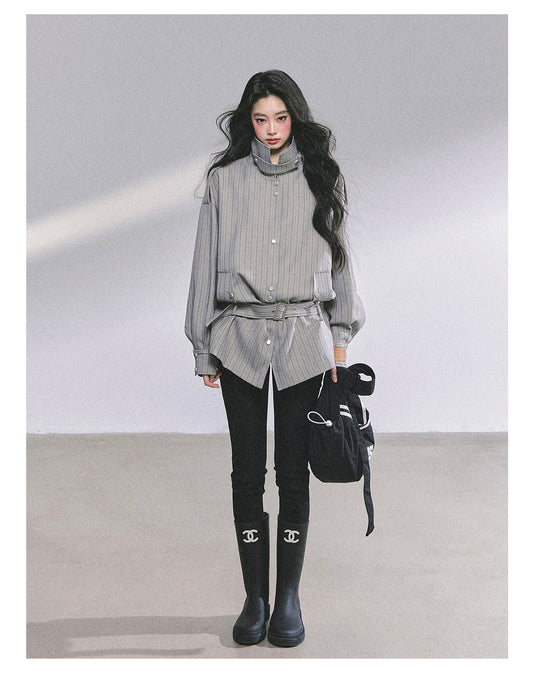 ShaoYeYan Saint Martin College French British Style Stand Collar Striped Coat