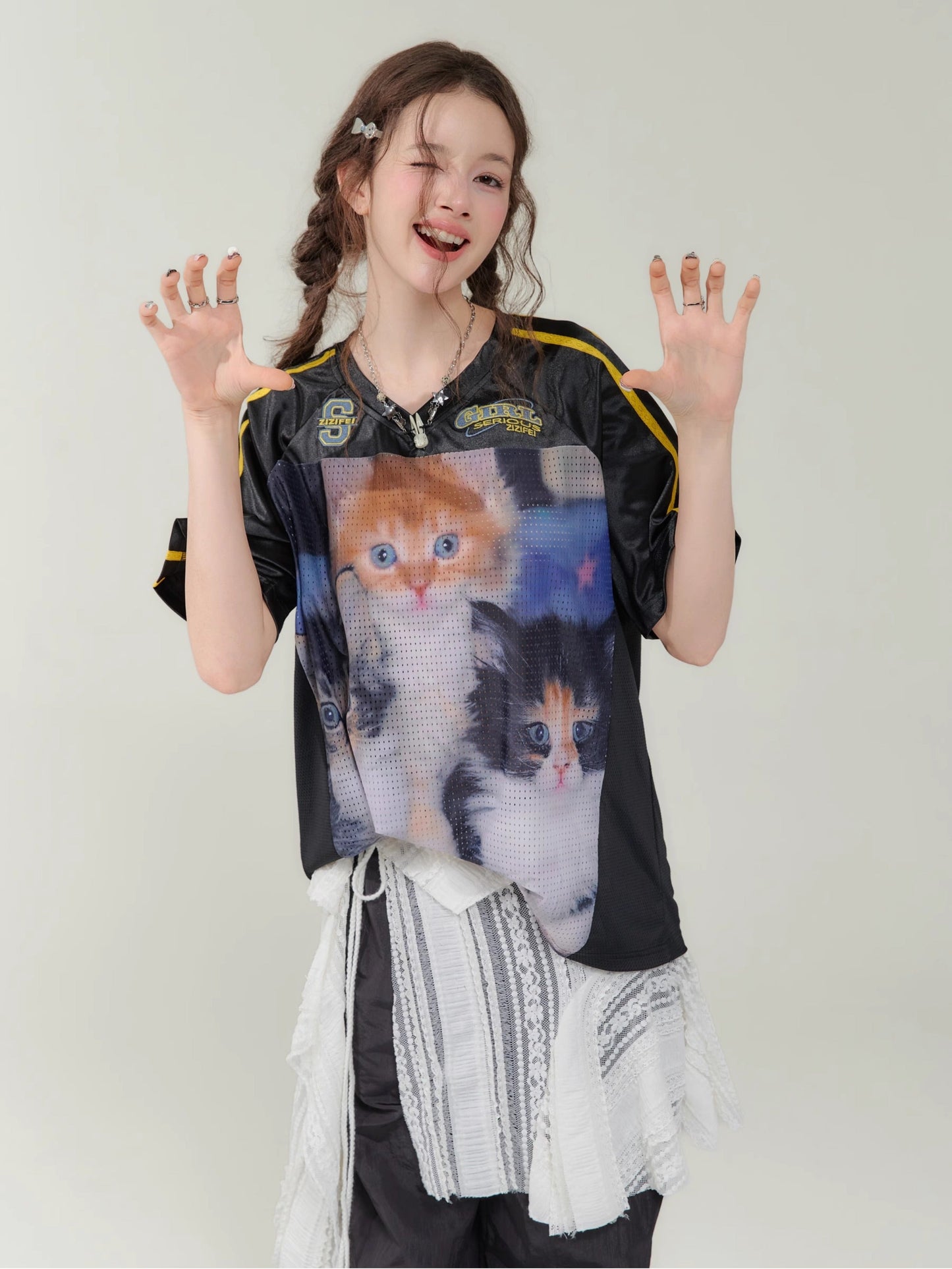 ZiziFei Vintage Cat Print T-Shirt
