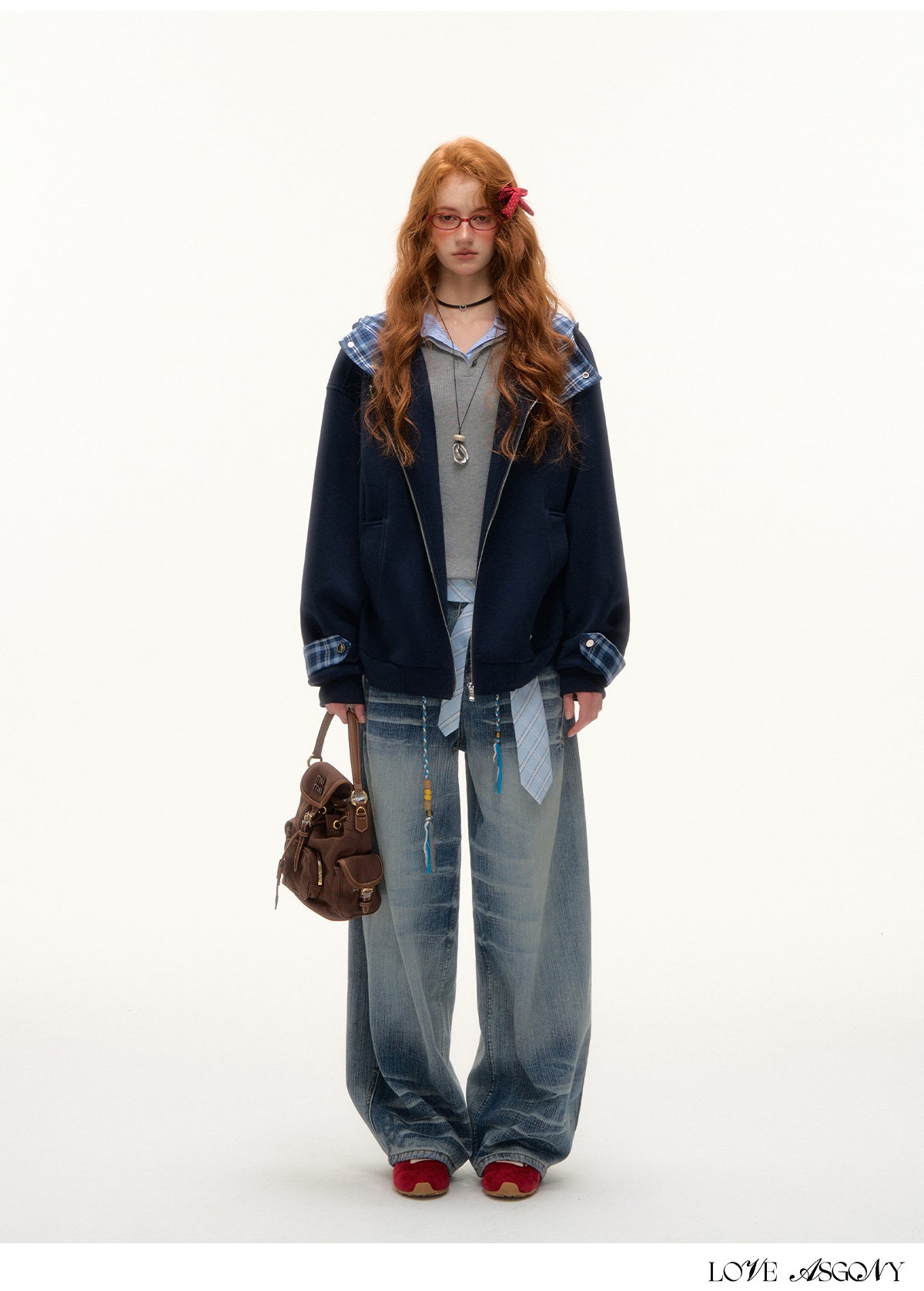 AsGony Plaid Panel Oversized Hooded Zip-Up
