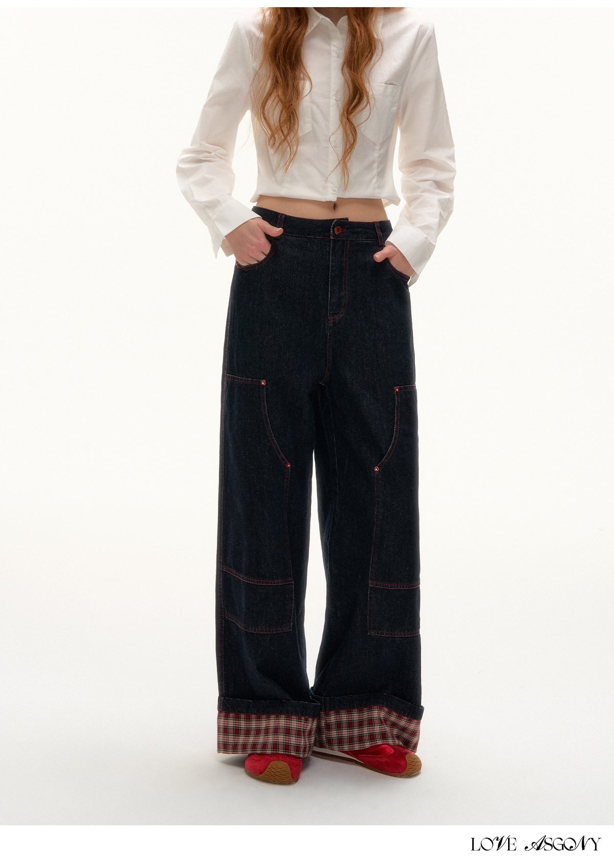 AsGony Black Plaid Panel Wide-Leg Jeans