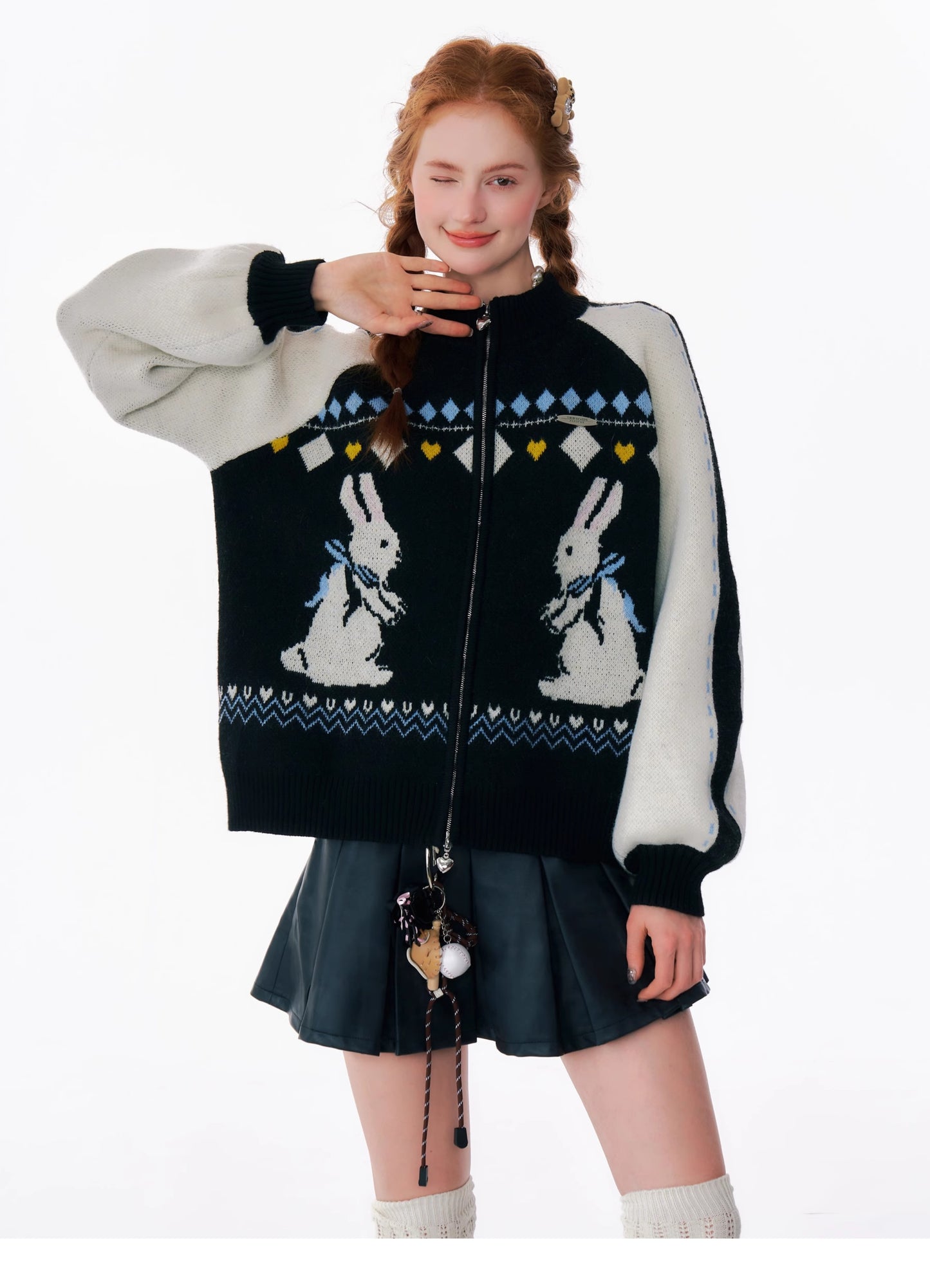 ziziFei Rabbit Print Zip-Up Cardigan