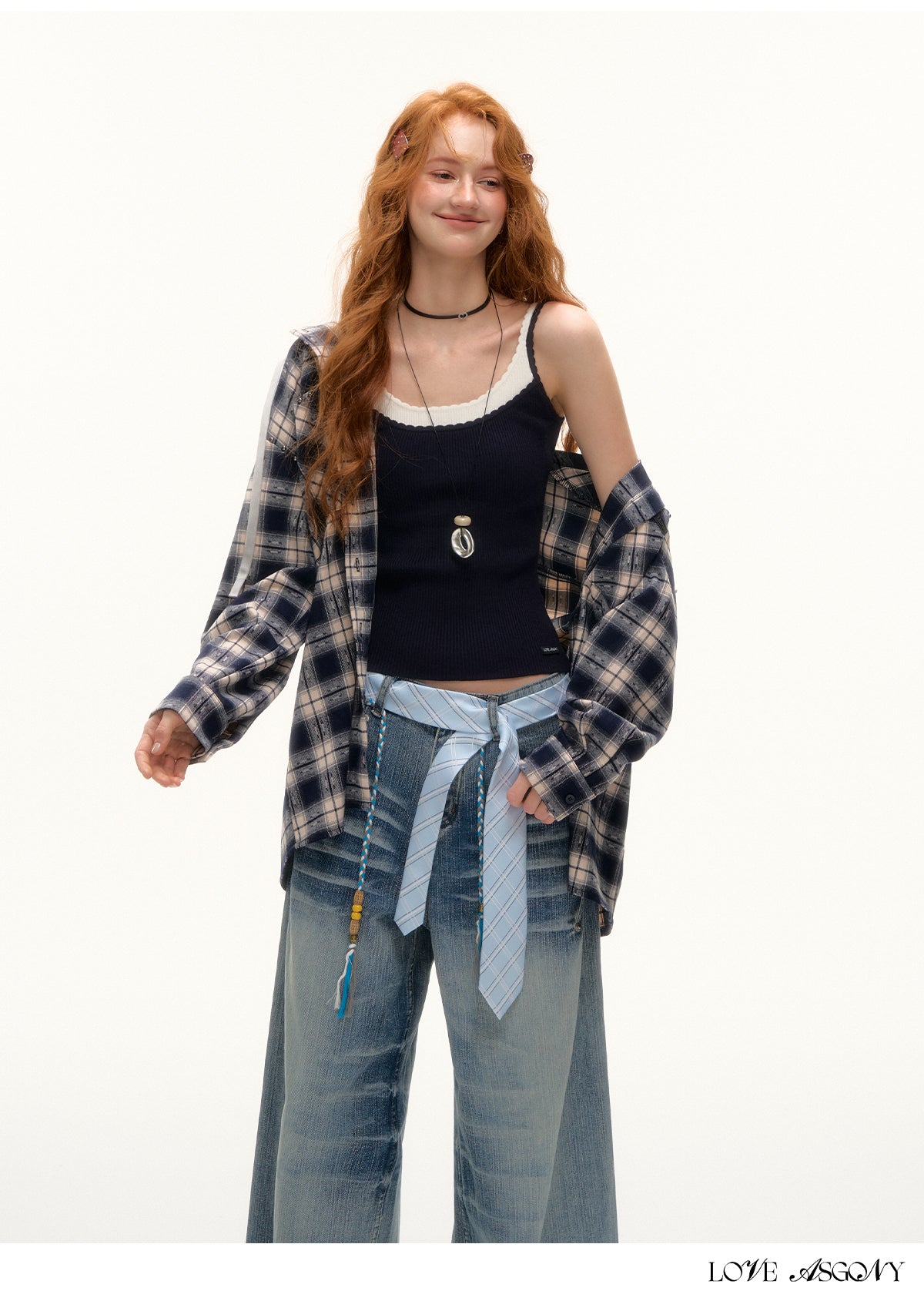 AsGony Retro Plaid Colorblock Hooded Shirt