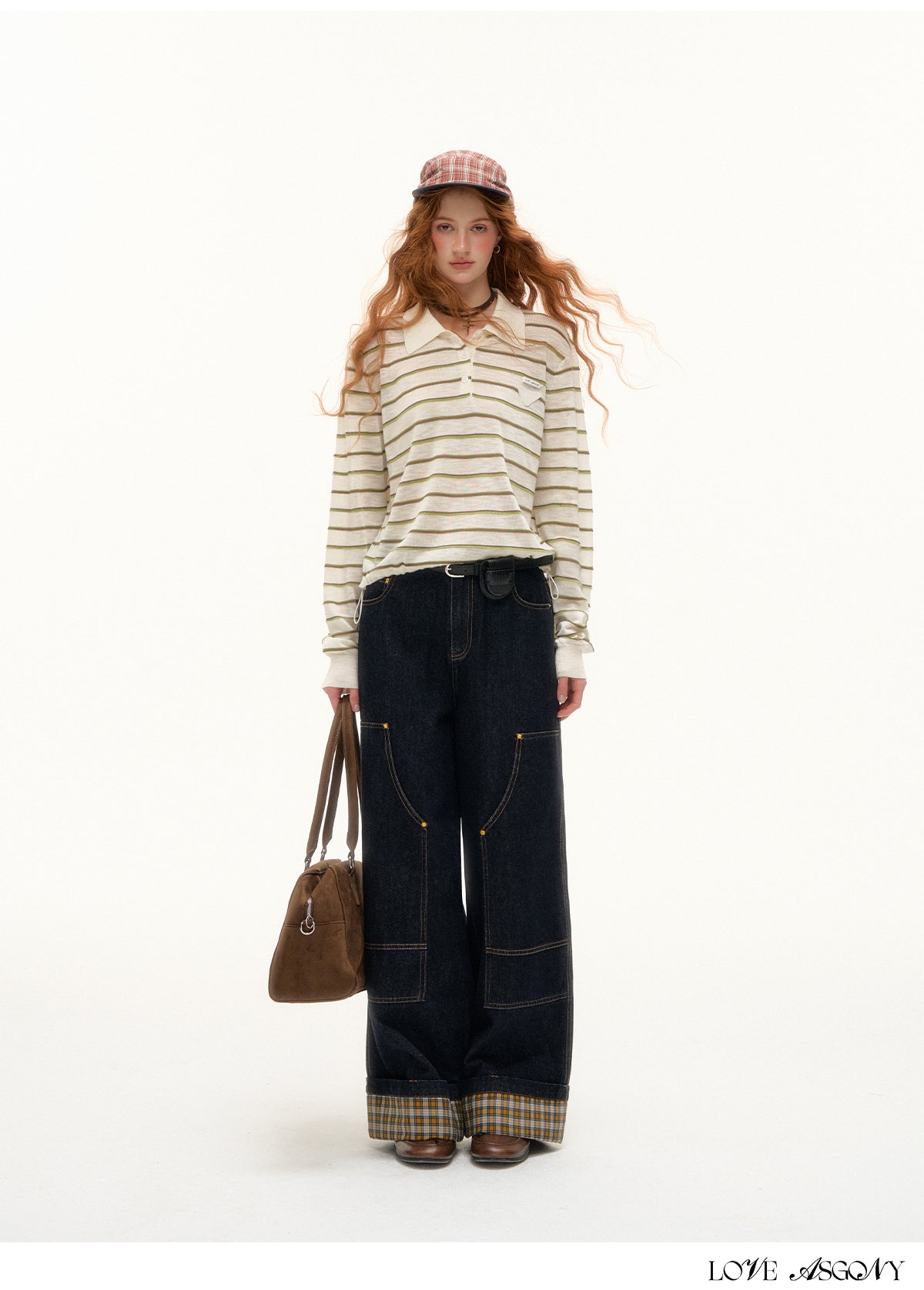 AsGony Striped Polo Collar Drawstring Hem Knit Top