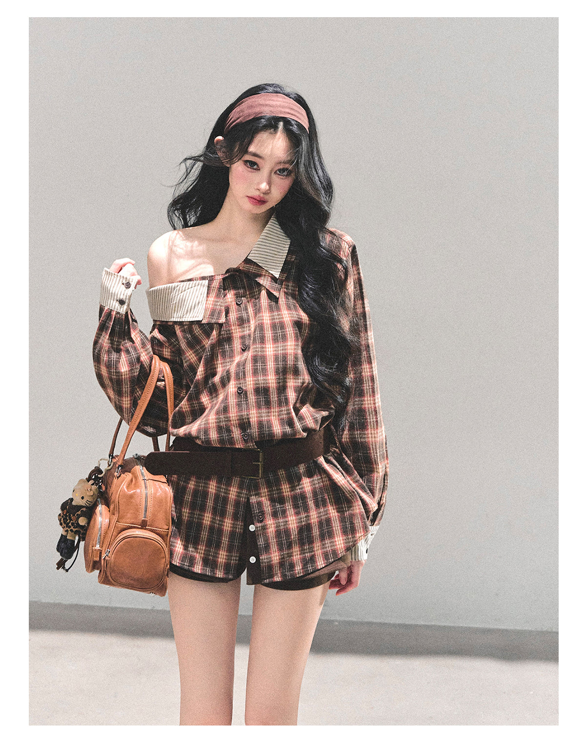 ShaoYeYan Streets She Passed Off-Shoulder Plaid Shirt