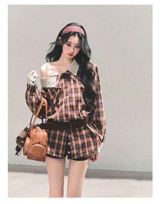 ShaoYeYan Streets She Passed Off-Shoulder Plaid Shirt