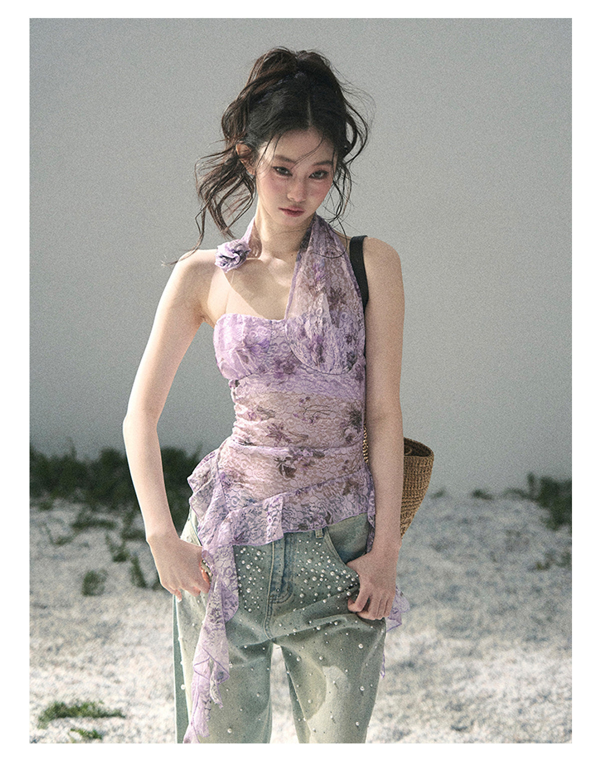 ShaoYeYan Aomalm Bauhinia Blooms Asymmetric Sheer Ribbon Top