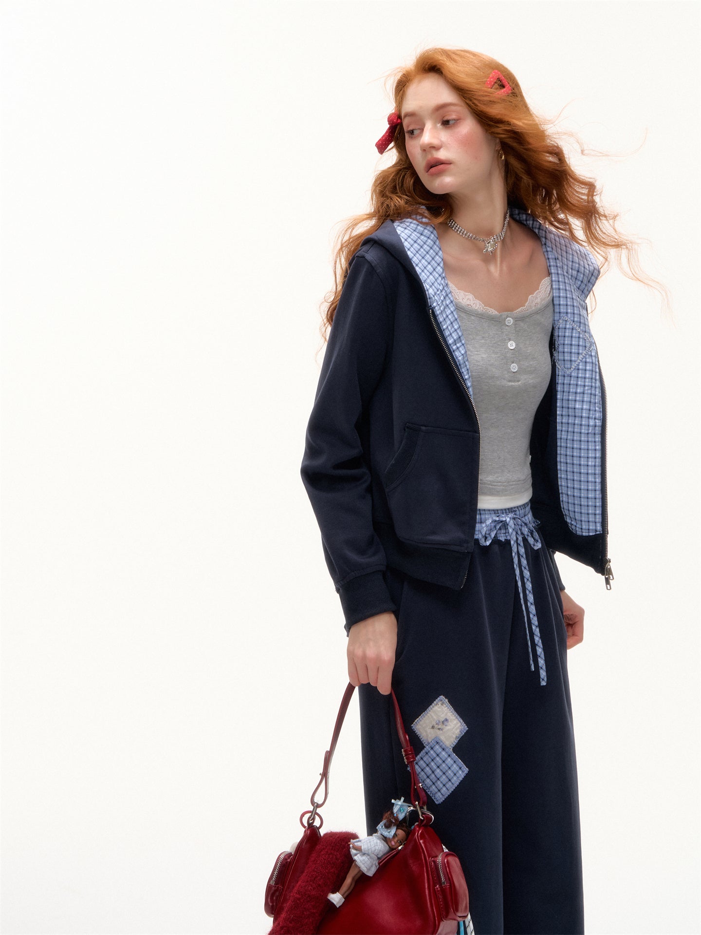 AsGony Retro Academic Style Slim Fit Plaid Patchwork Sweatshirt & Straight Leg Jogger Set