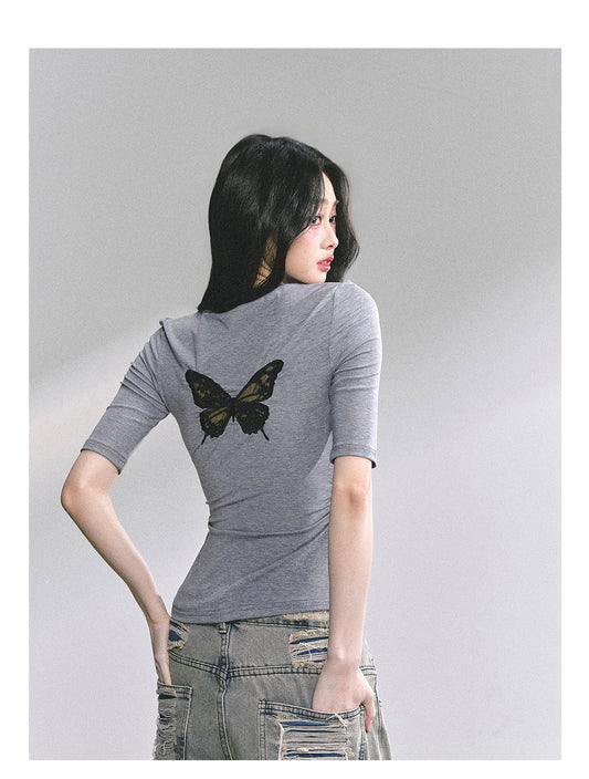 SHAOYEYAN Back Butterfly Lace Waist-Defining Tee