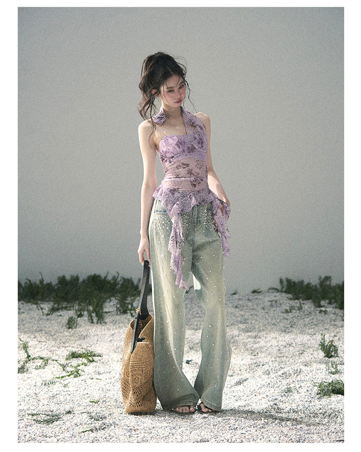 ShaoYeYan Aomalm Bauhinia Blooms Asymmetric Sheer Ribbon Top