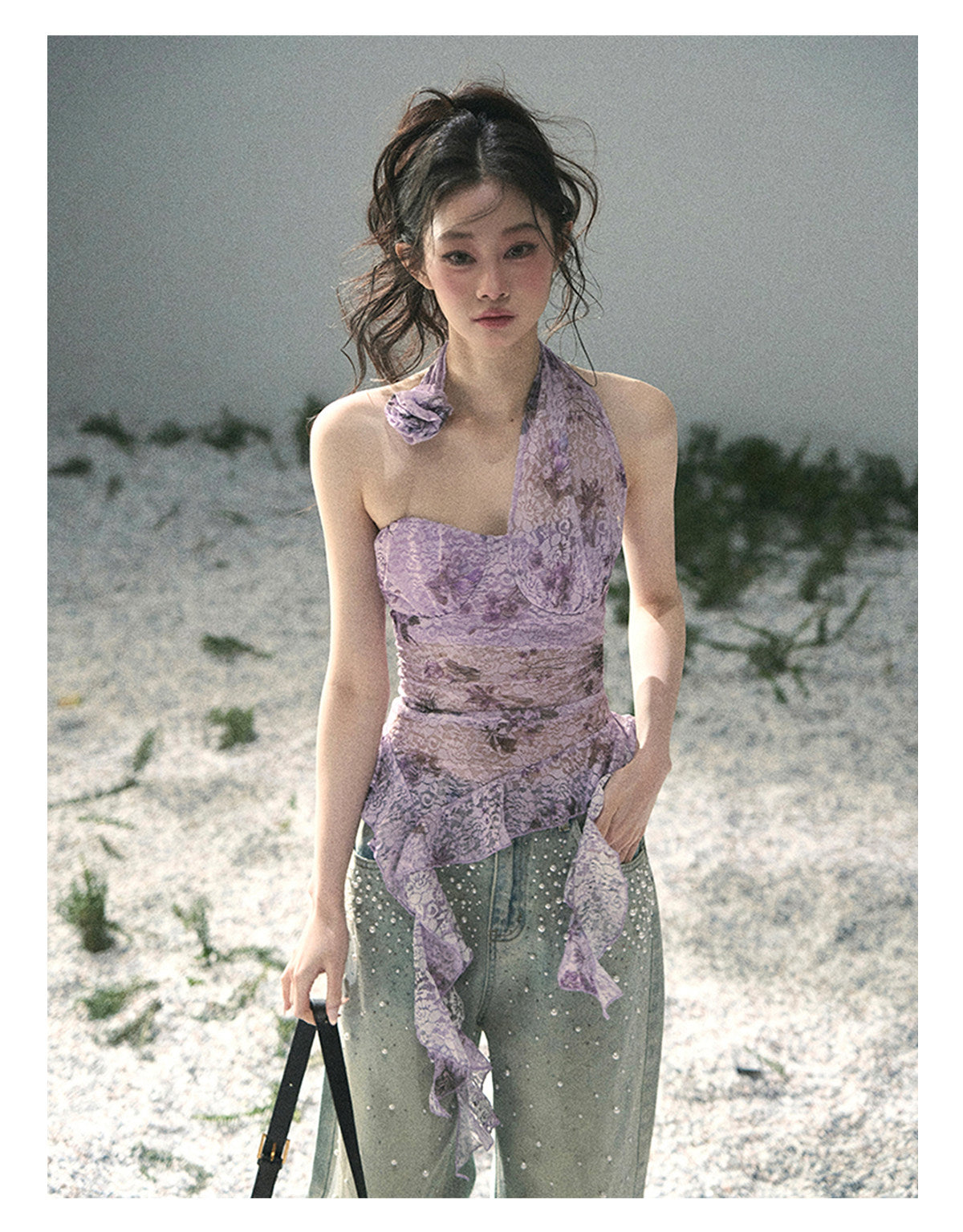 ShaoYeYan Aomalm Bauhinia Blooms Asymmetric Sheer Ribbon Top