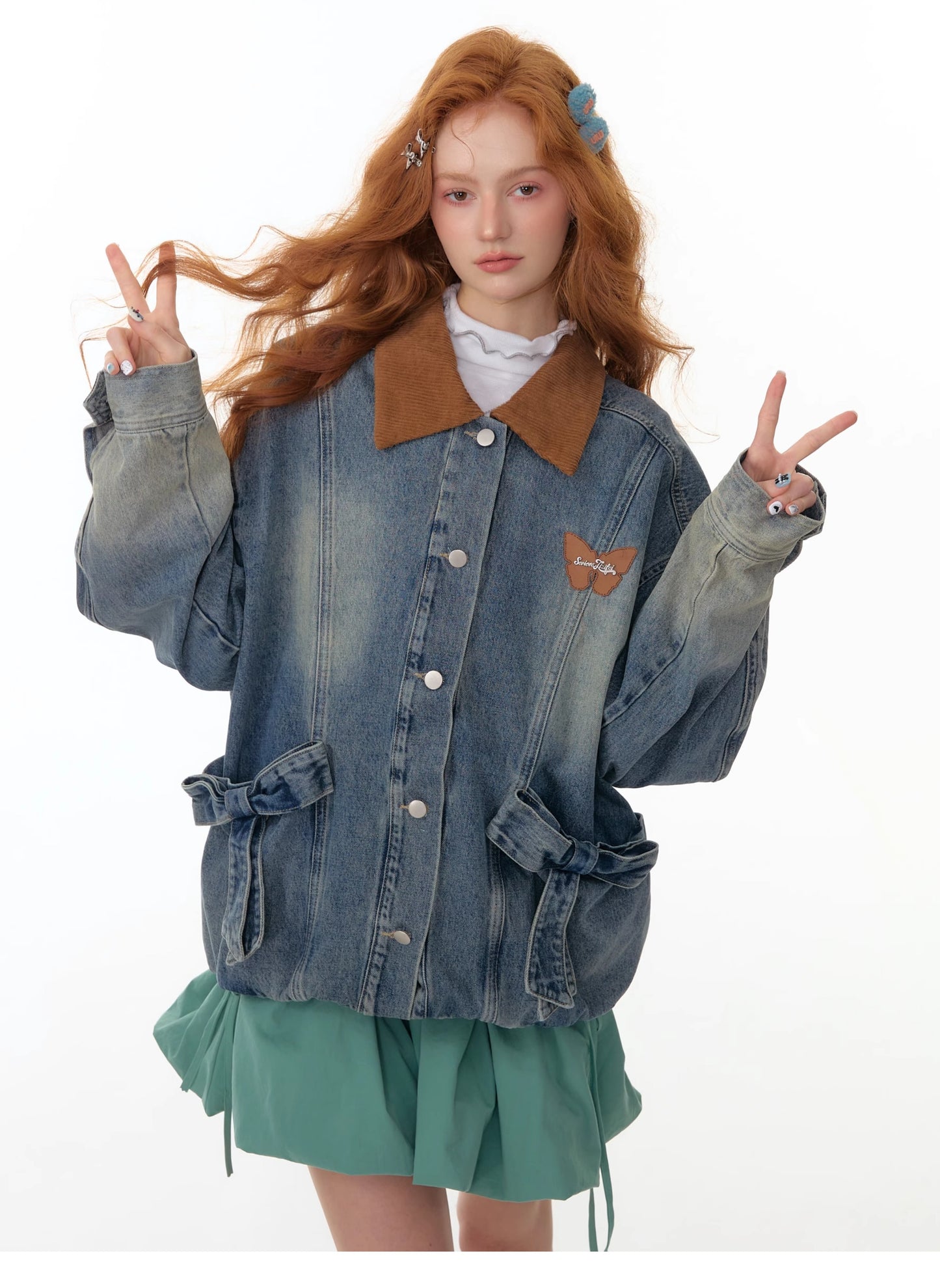 ZiziFei Corduroy-Collar Denim Jacket