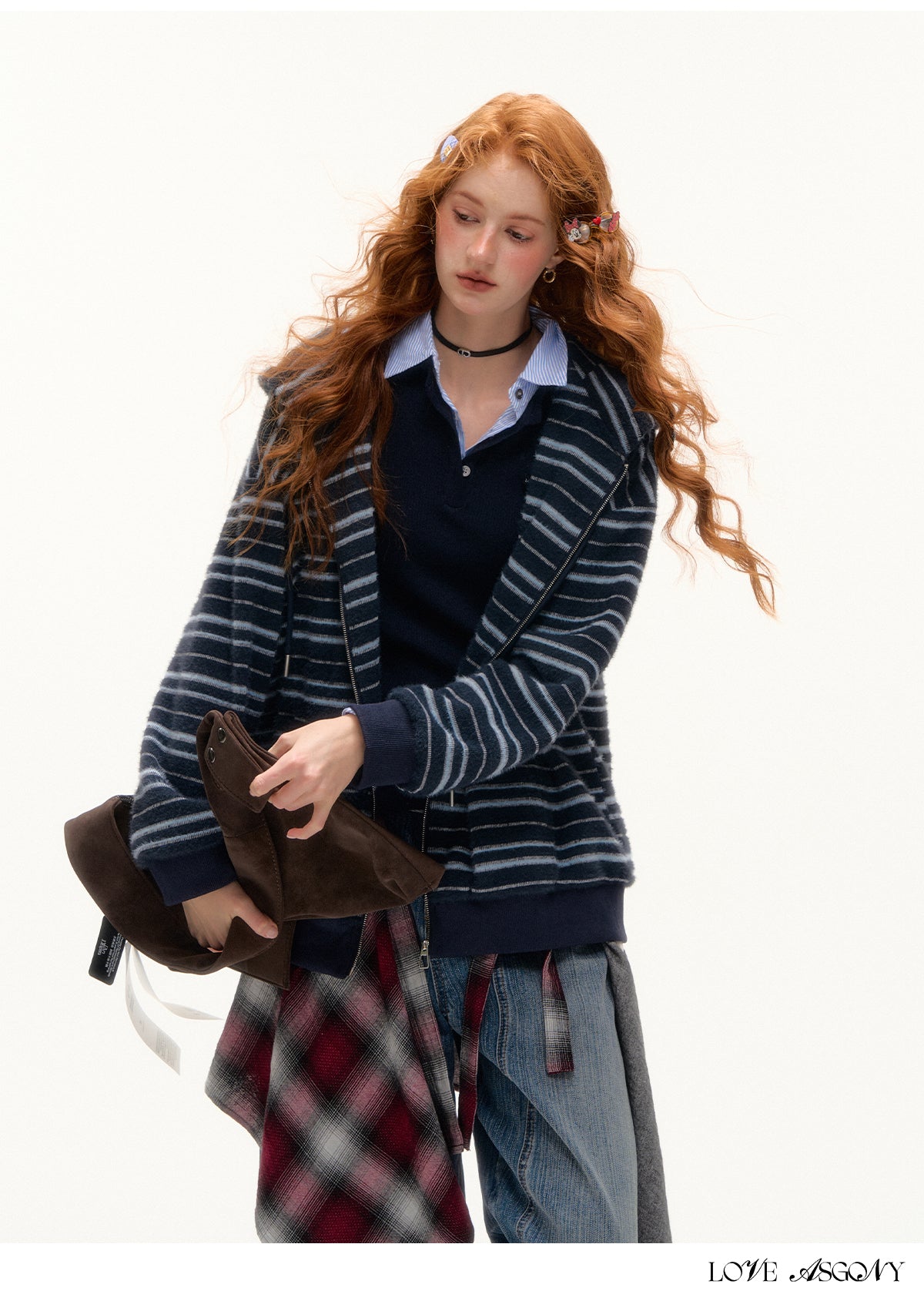 AsGony Plush Striped Colorblock Cat-Ear Hoodie