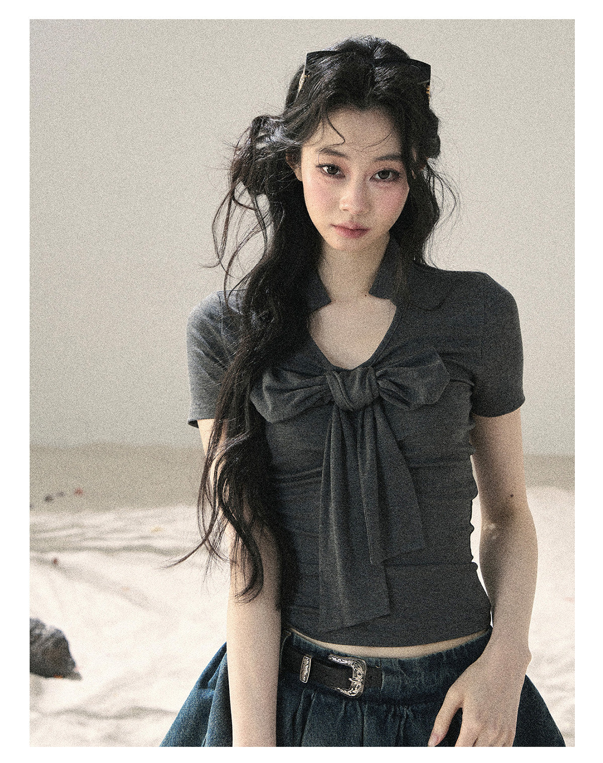 ShaoYeYan Aomalm Wind Brushes the Bow Korean V-Neck Crop Top