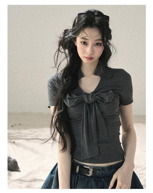 ShaoYeYan Aomalm Wind Brushes the Bow Korean V-Neck Crop Top