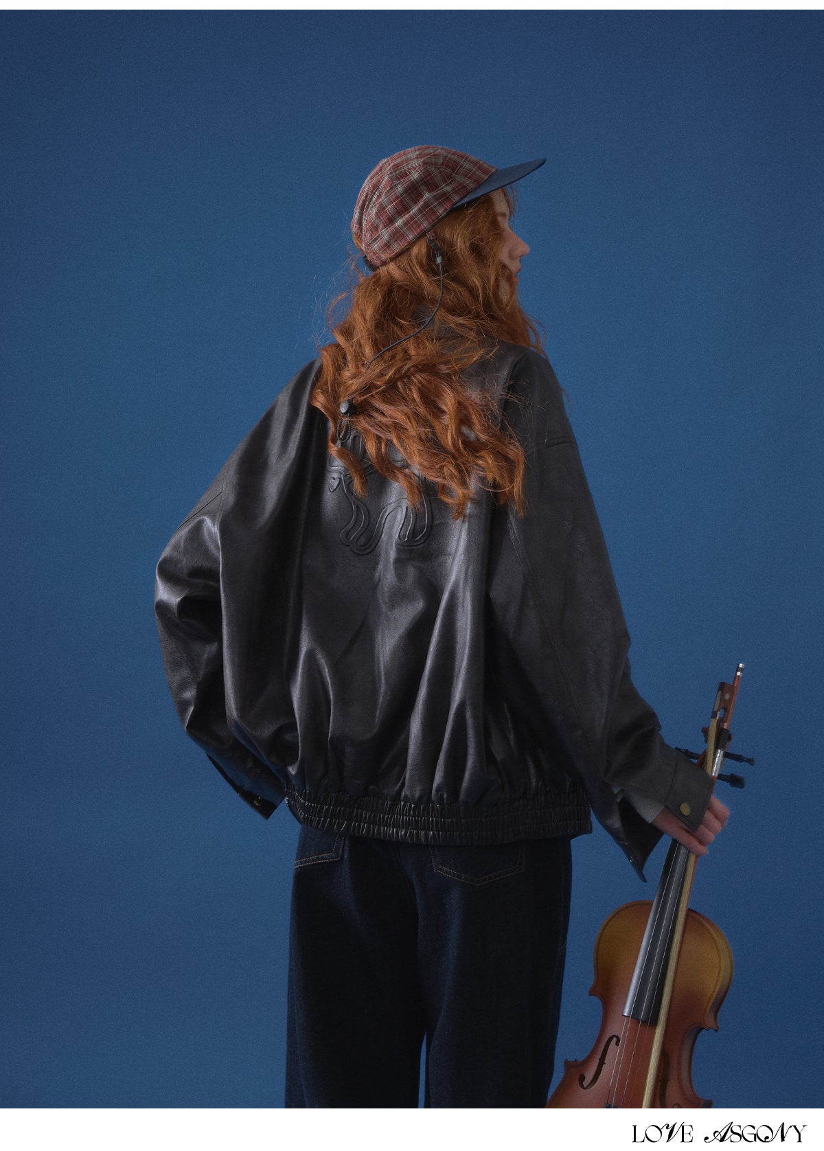 AsGony Retro Bow Collar Embossed Leather Jacket