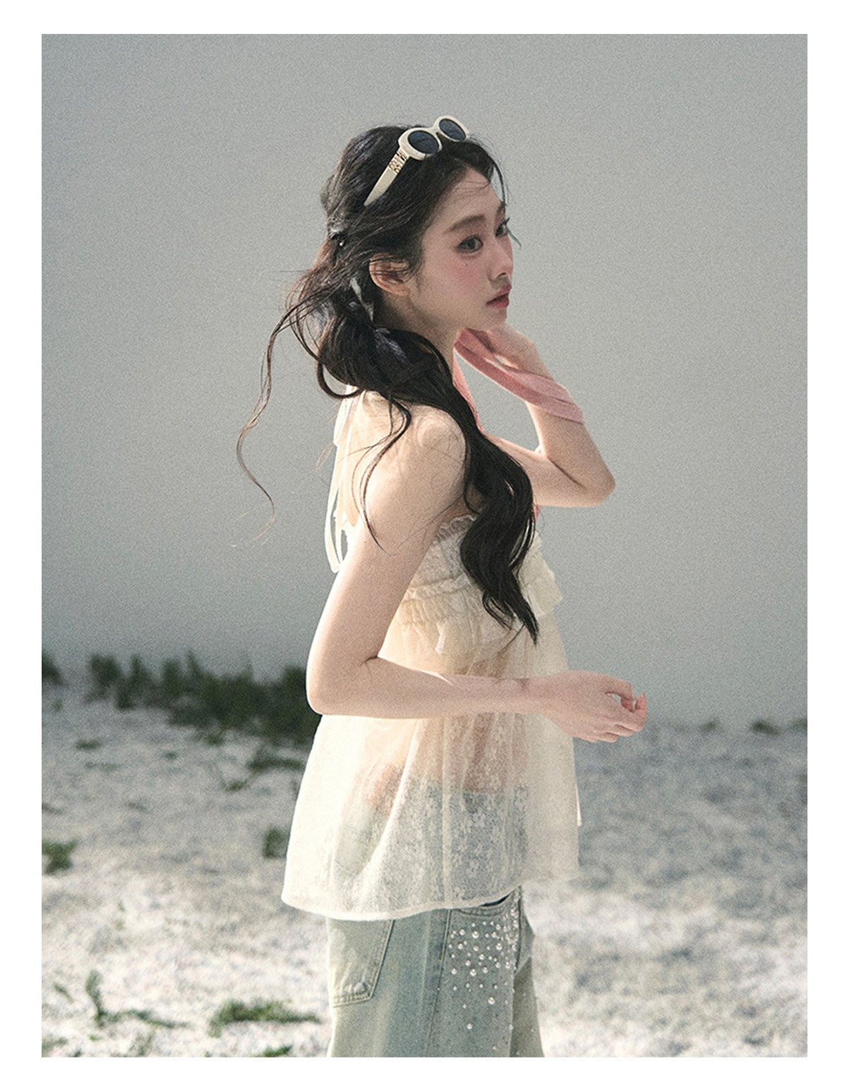 ShaoYeYan Aomalm Light Shatters Stained Glass French Sheer Halter Lace Top