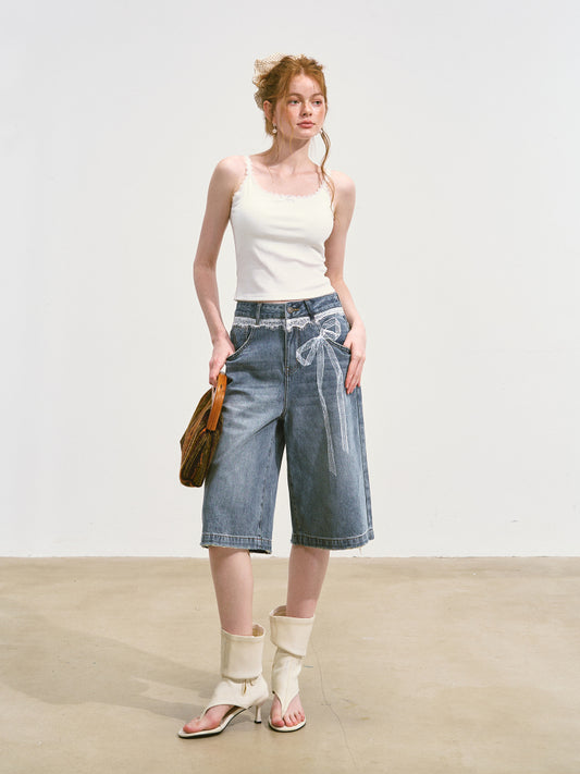 SOMESOWE Lace-Print Denim Culottes