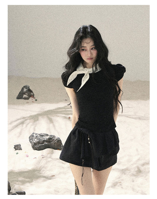 ShaoYeYan Aomalm Flowing Milky Way French Polka Dot Bow Puff Sleeve Top