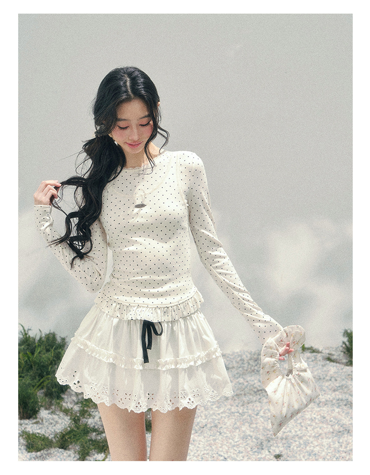 ShaoYeYan Aomalm Milk-Sweet Art Student Fake Two-Layer Polka Dot Tee