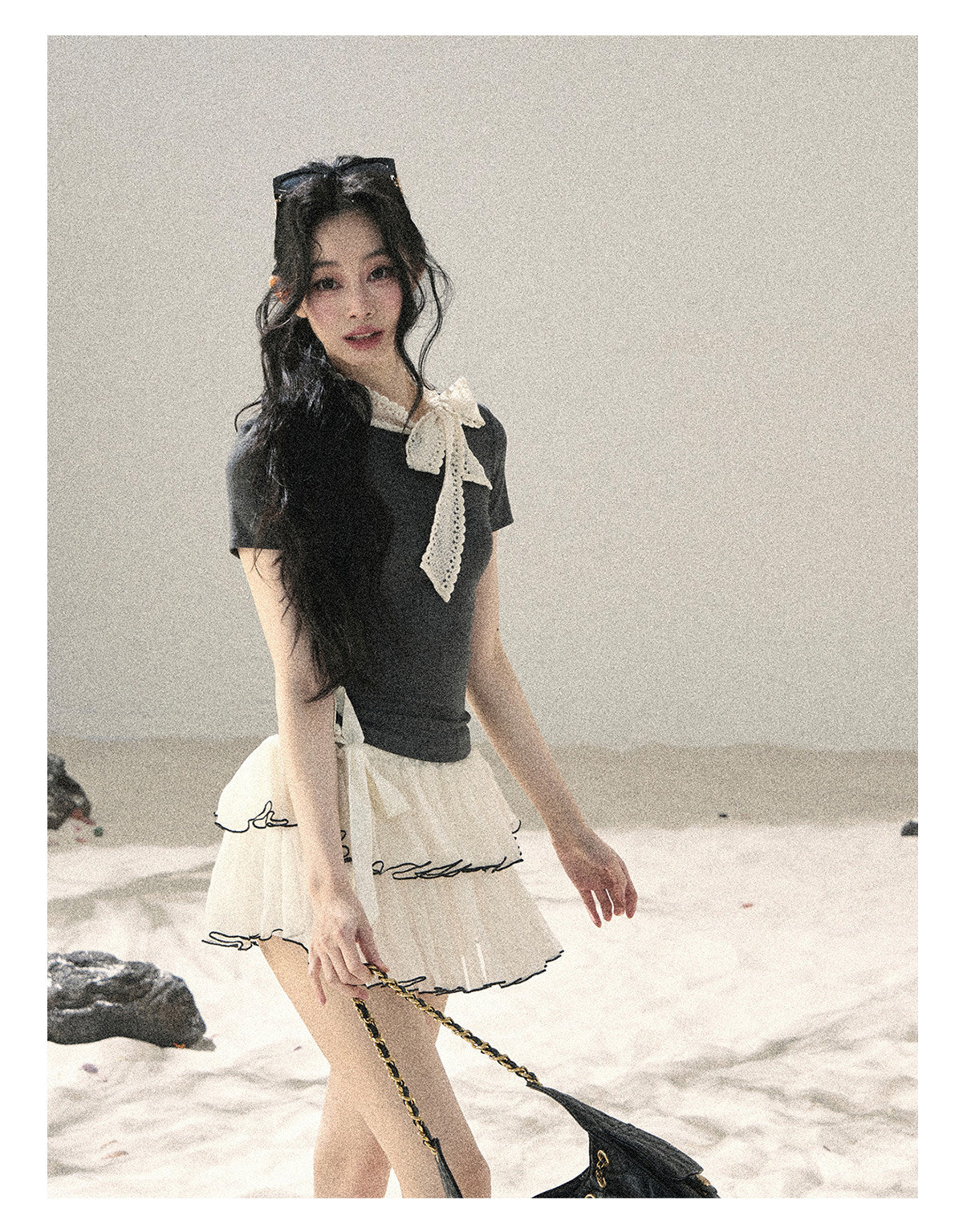 ShaoYeYan Aomalm Grey Shadow & White Fluff Korean Bow Crop Top