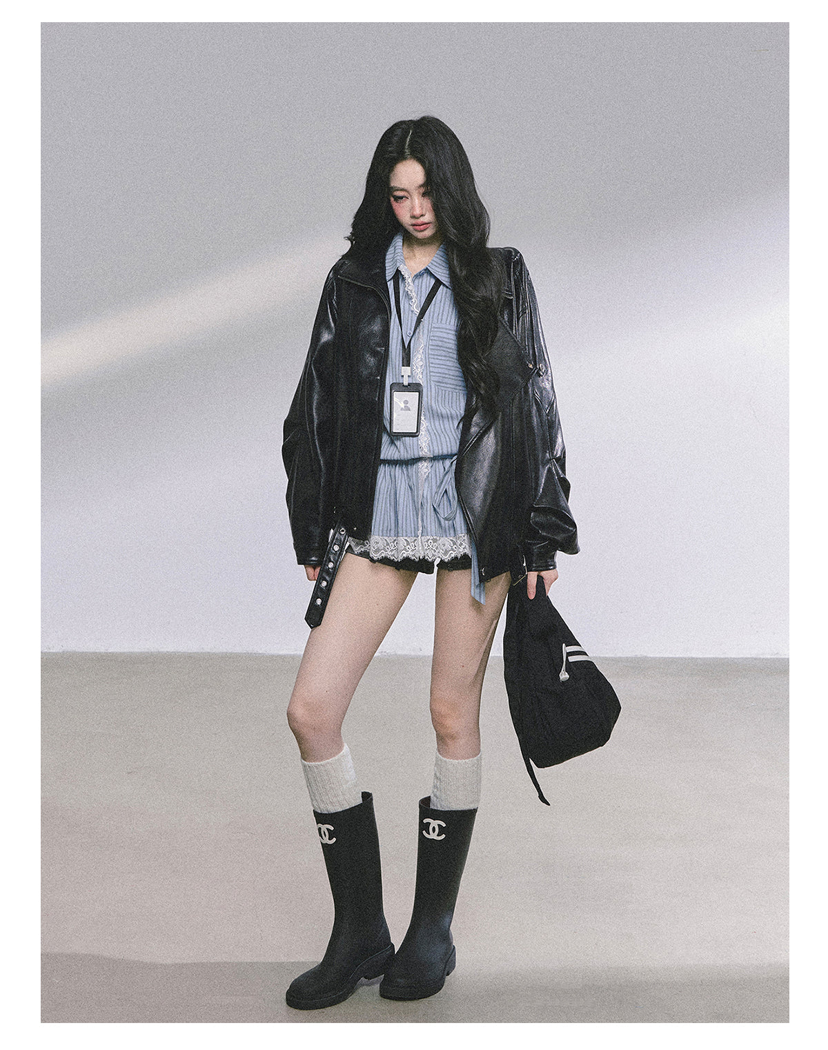 ShaoYeYan Mafia Princess Oversized Slim-Fit Black PU Leather Jacket