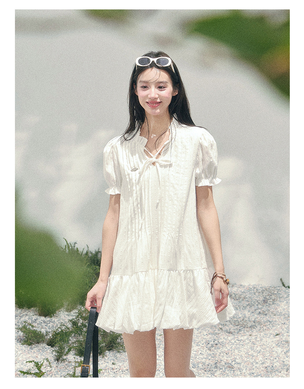 ShaoYeYan Aomalm Simple Skirt with Light Pleats French Bubble Sleeve Dress
