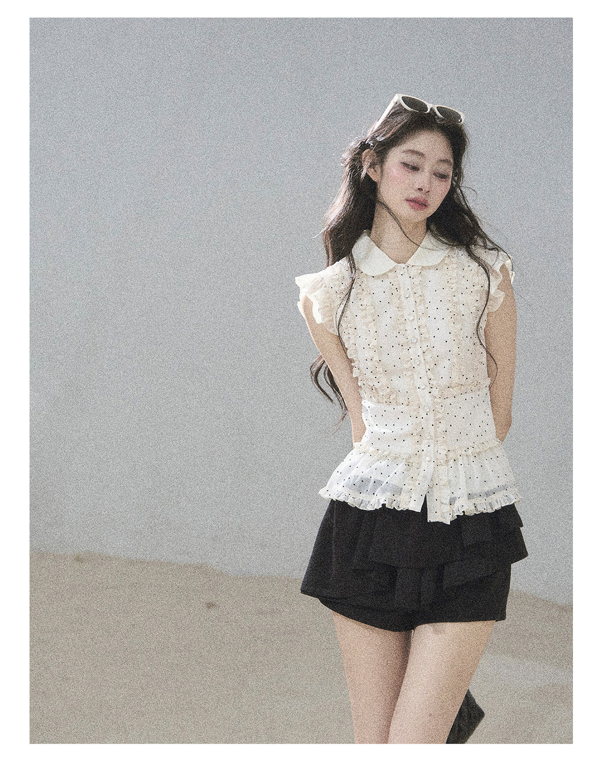 ShaoYeYan Aomalm Maiden's Journey Ruffle French Polka Dot Chiffon Shirt