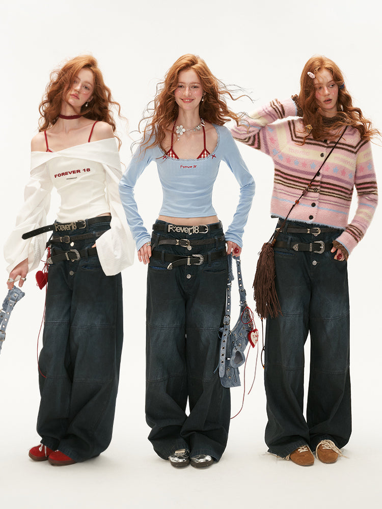 MAMC Three-Waist Retro Wide-Leg Jeans (not include belt)