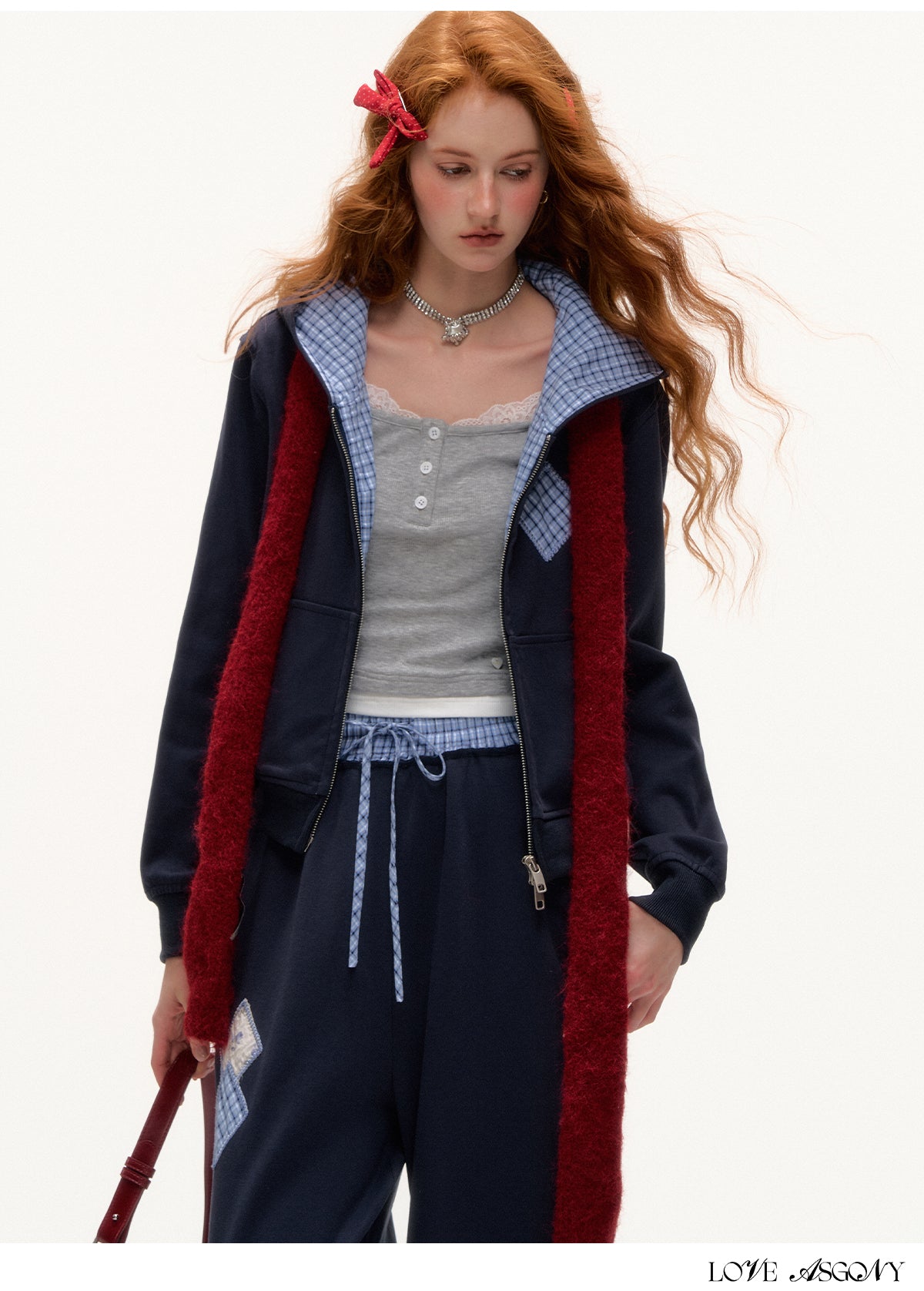 AsGony Retro Academic Style Slim Fit Plaid Patchwork Sweatshirt & Straight Leg Jogger Set