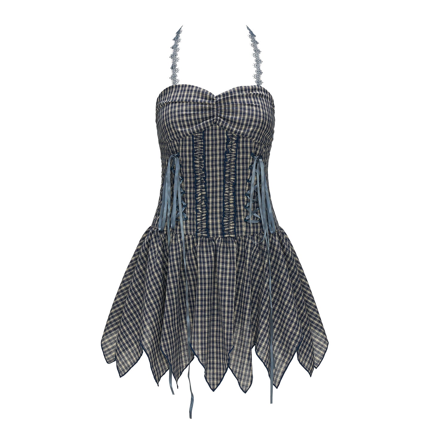 MAMC Blue Plaid Lace-Up Sundress