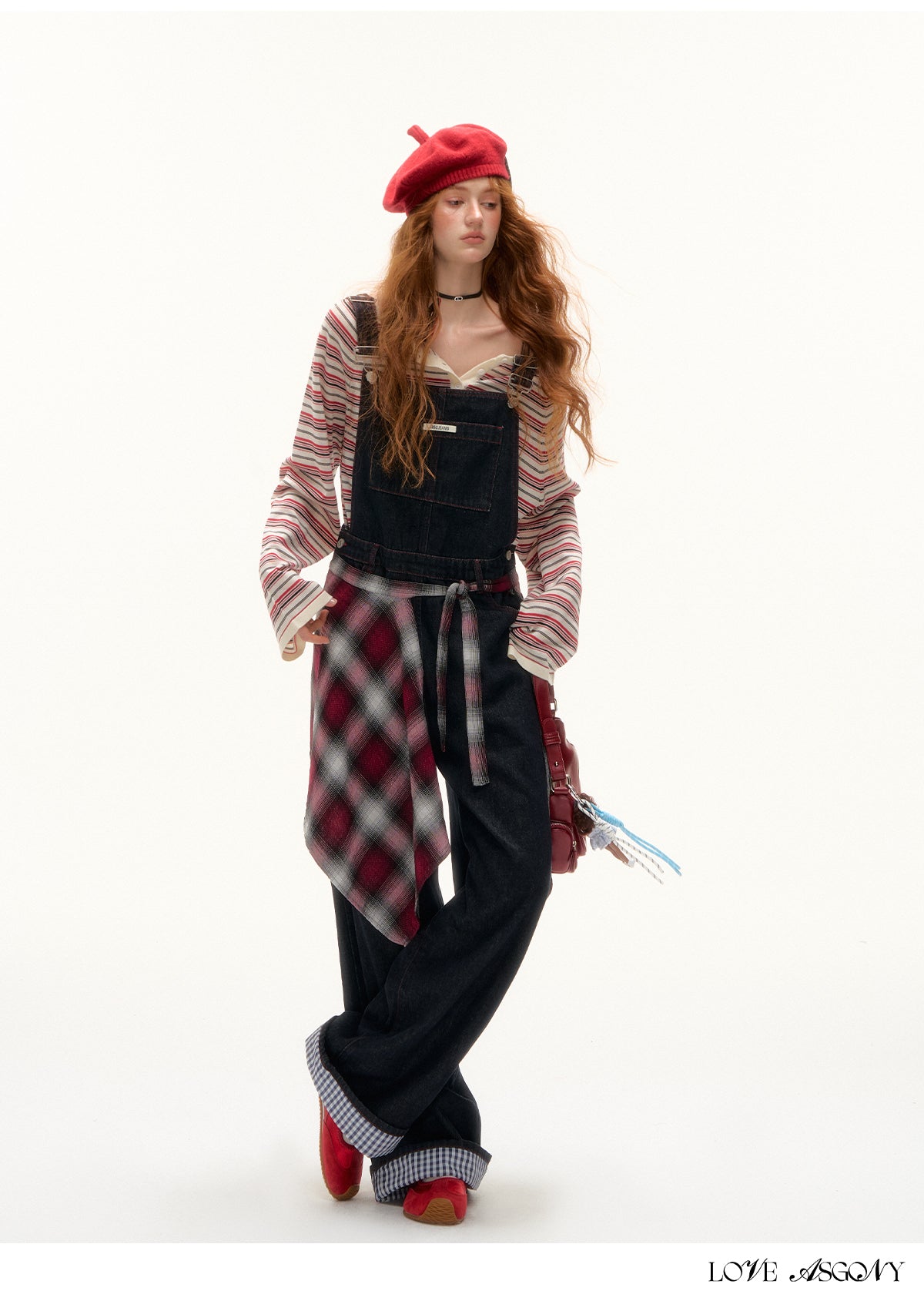 AsGony Red Stitch Raw Denim Wide-Leg Jumpsuit