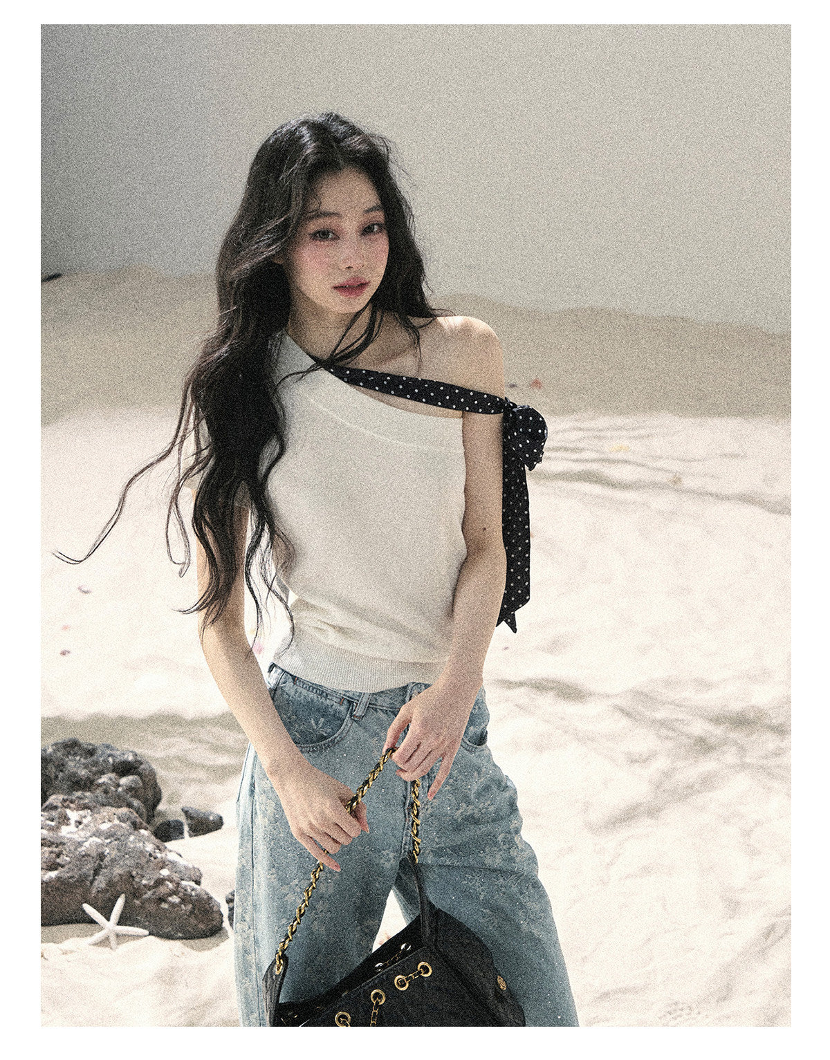 ShaoYeYan Aomalm Morning Dew & Evening Breeze American Off-Shoulder Polka Dot Tee