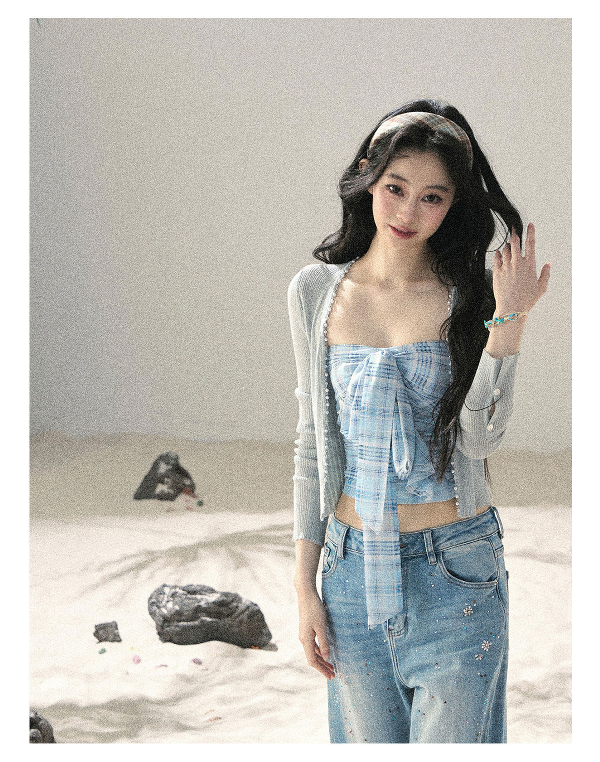 ShaoYeYan Aomalm Blue Danube Bow Plaid Bustier Top