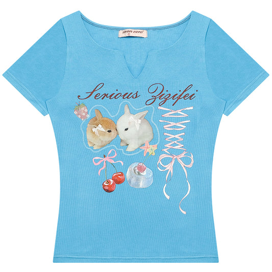 ziziFei Retro Bunny Print V-Neck Tee