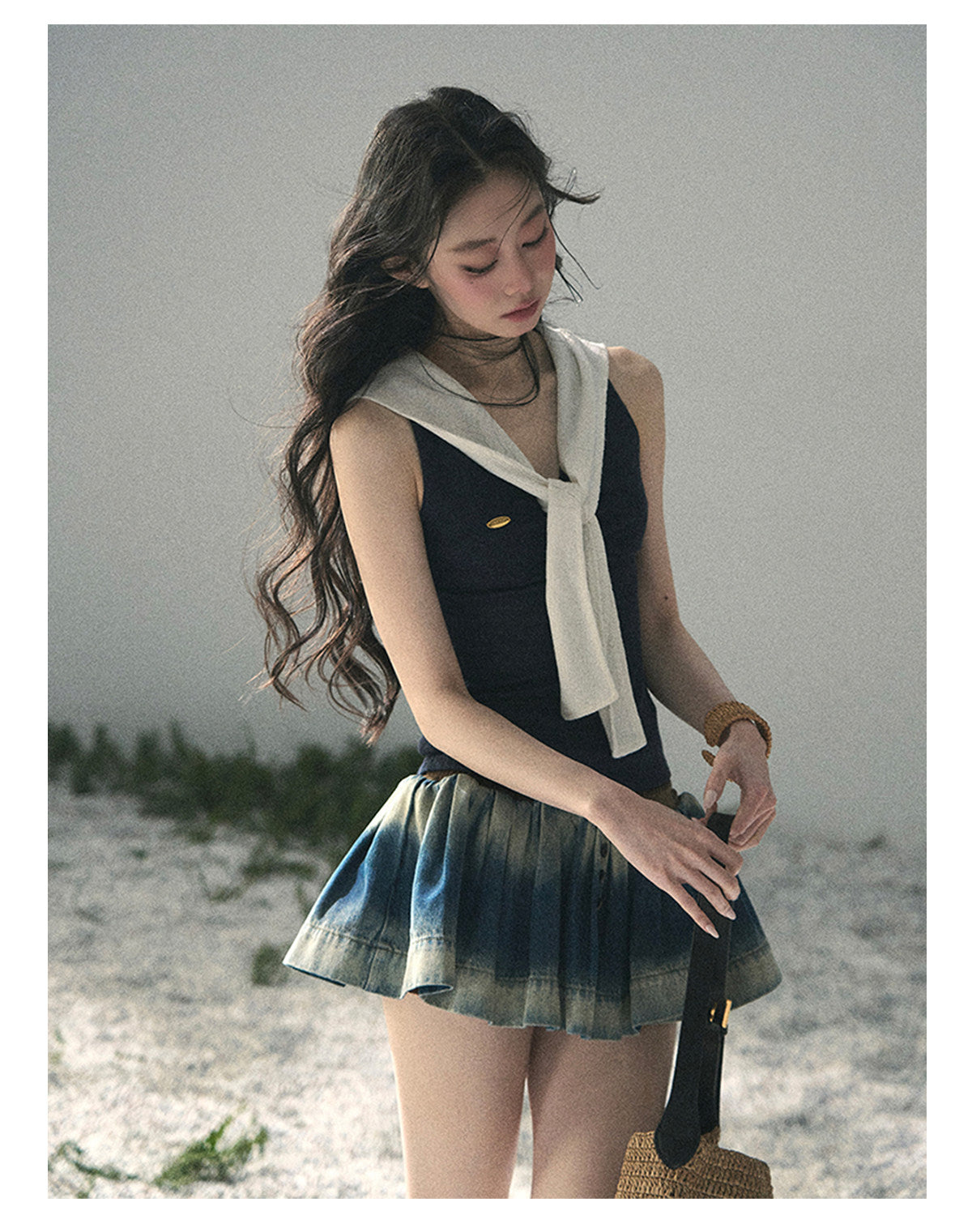 ShaoYeYan Aomalm Sea Breeze & Wheat Waves Fake Two-Layer Sailor Tee
