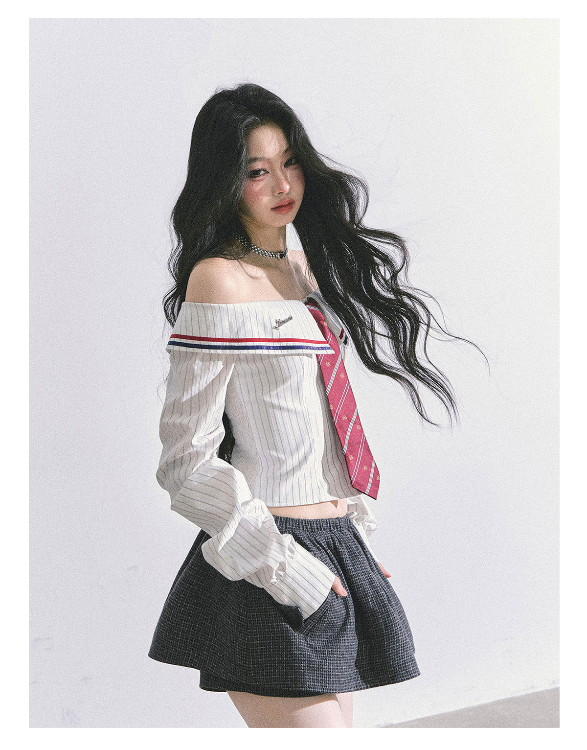 ShaoYeYan Seoul Art Student Off-Shoulder Striped Shirt