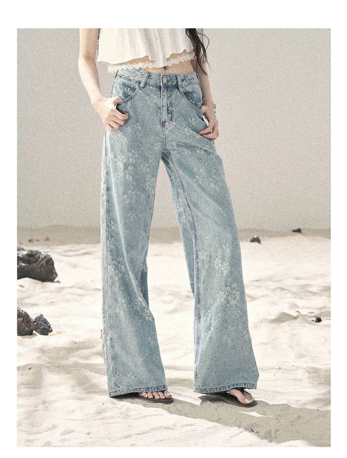 ShaoYeYan Aomalm Fragmented Starlight American Rhinestone Floral Jeans