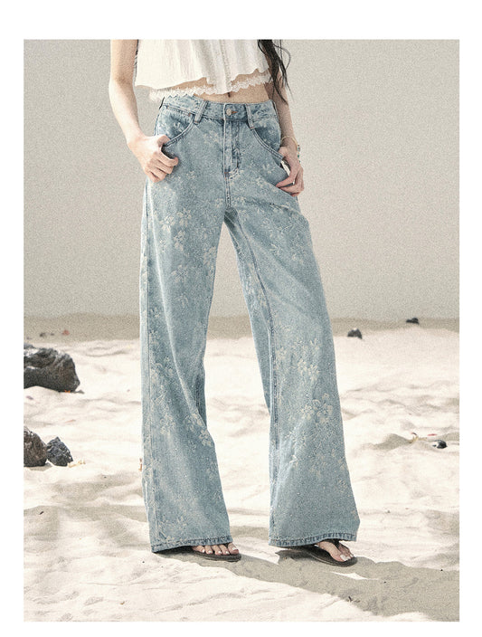 ShaoYeYan Aomalm Fragmented Starlight American Rhinestone Floral Jeans