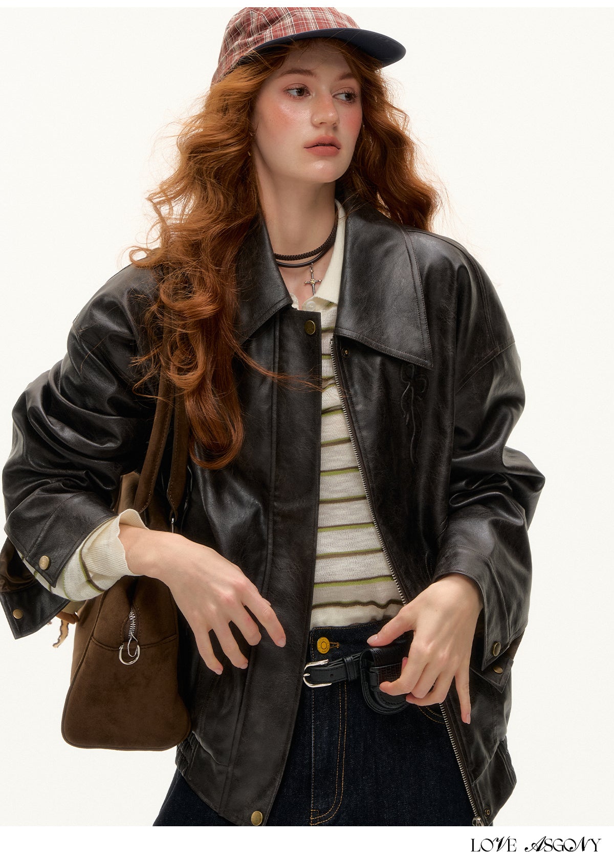 AsGony Retro Bow Collar Embossed Leather Jacket