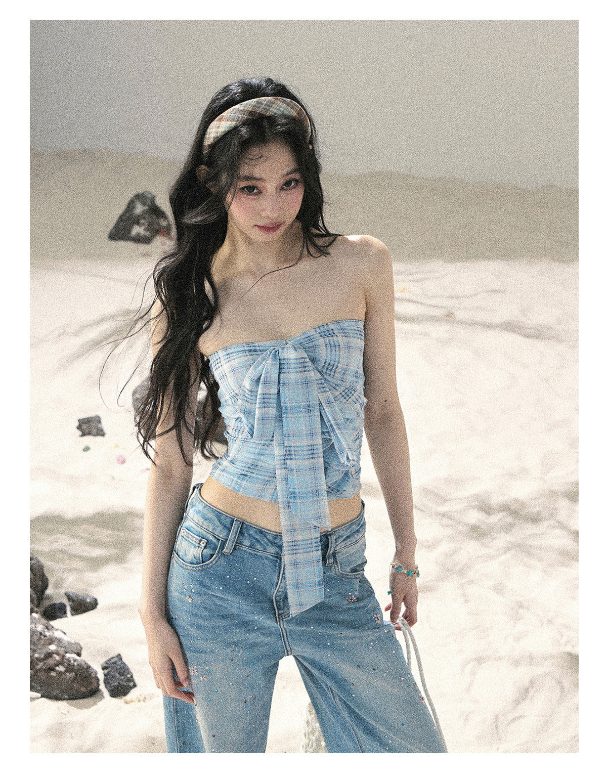 ShaoYeYan Aomalm Blue Danube Bow Plaid Bustier Top