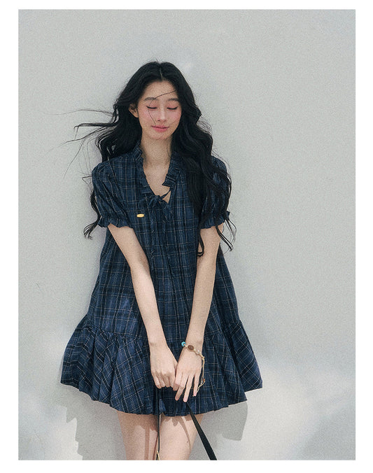 ShaoYeYan Aomalm Simple Skirt with Light Pleats French Bubble Sleeve Dress