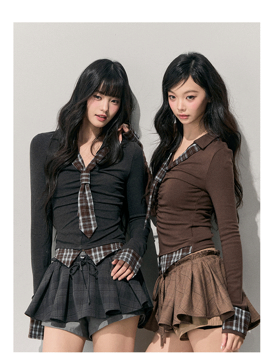 ShaoYeYan Aomalm Moss Fading Fake Two-Layer Plaid Knit Top